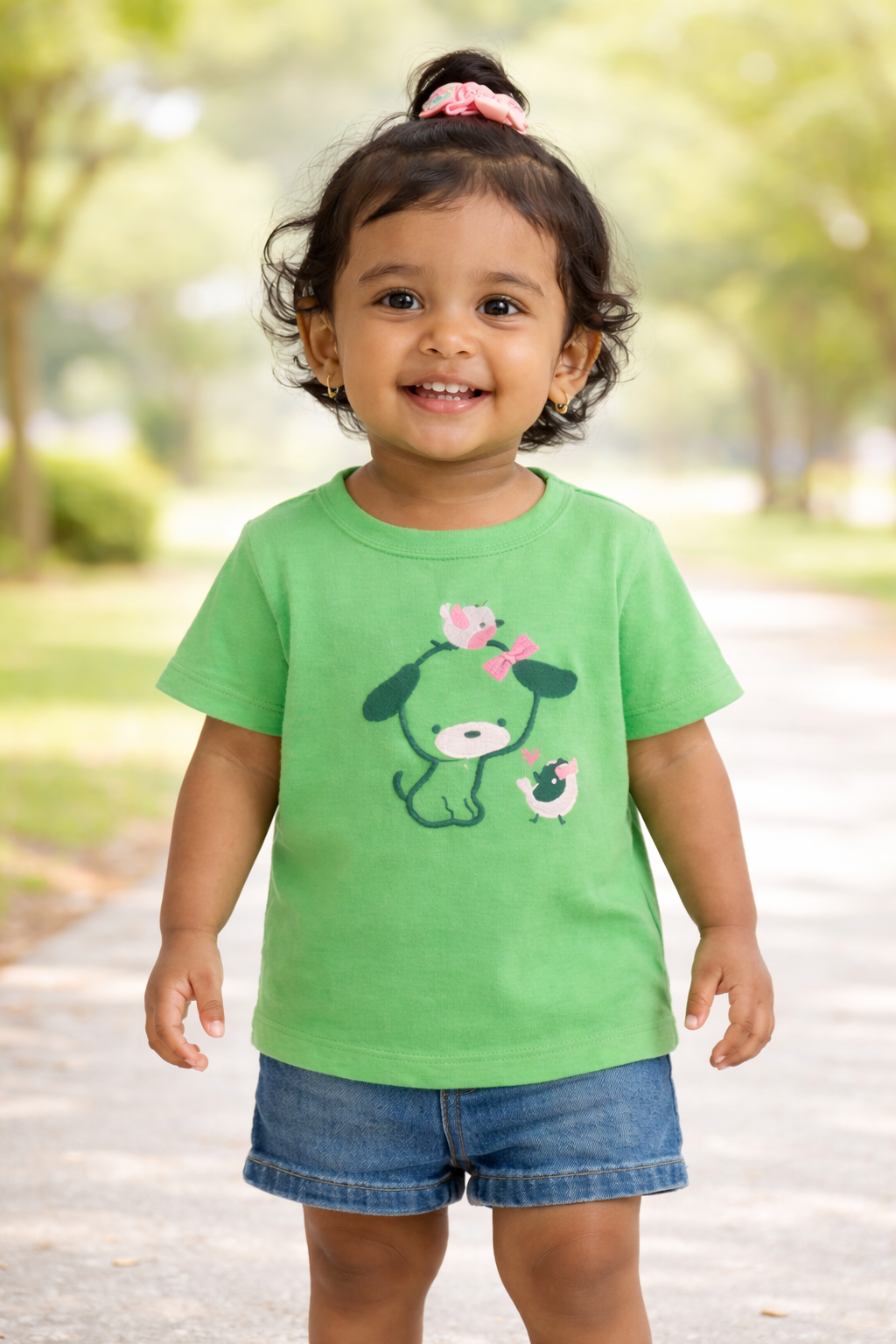 Girls Green Cute Animal Print Cotton T-Shirt