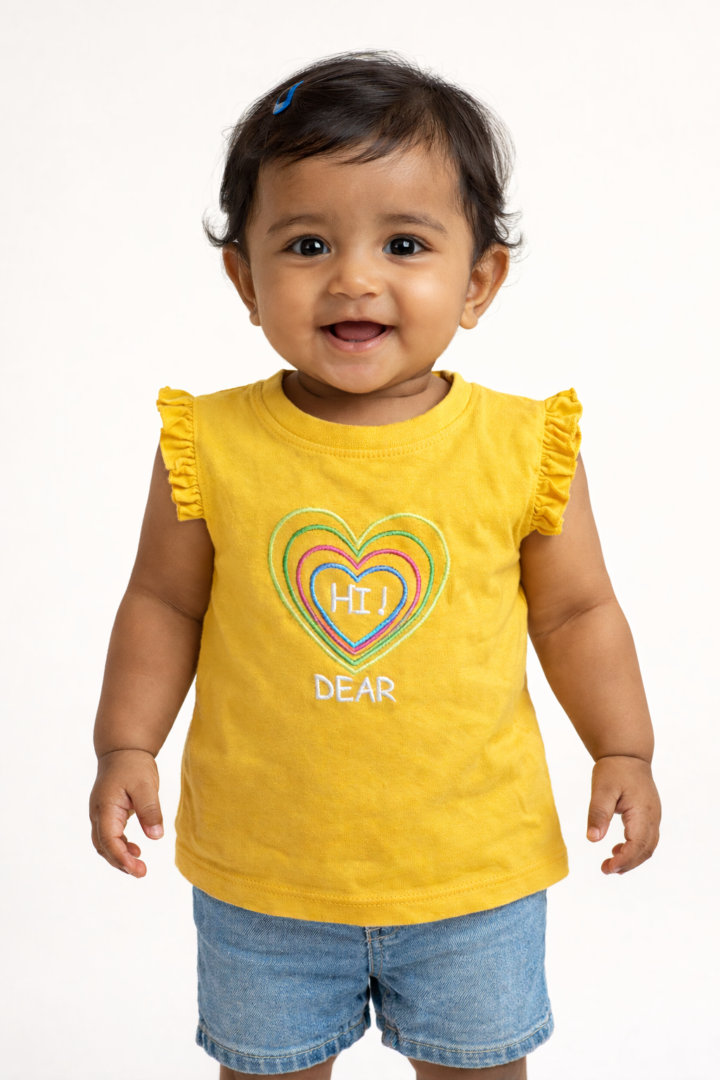 Girls Mustard Hi Dear Embroidered Heart Cotton T-Shirt
