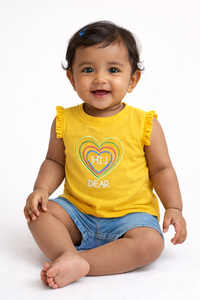 Girls Mustard Hi Dear Embroidered Heart Cotton T-Shirt