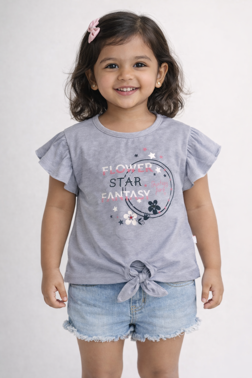 Girls Grey Flower Star Modern Graphic Cotton T-Shirt
