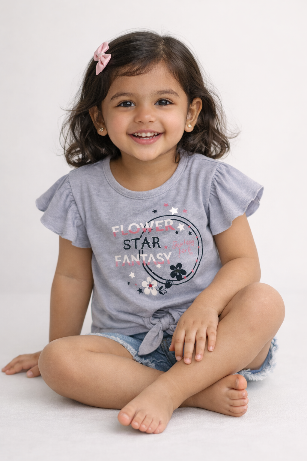 Girls Grey Flower Star Modern Graphic Cotton T-Shirt