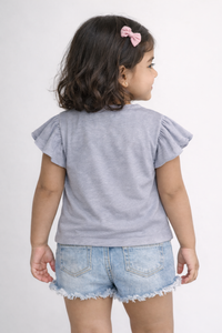 Girls Grey Flower Star Modern Graphic Cotton T-Shirt