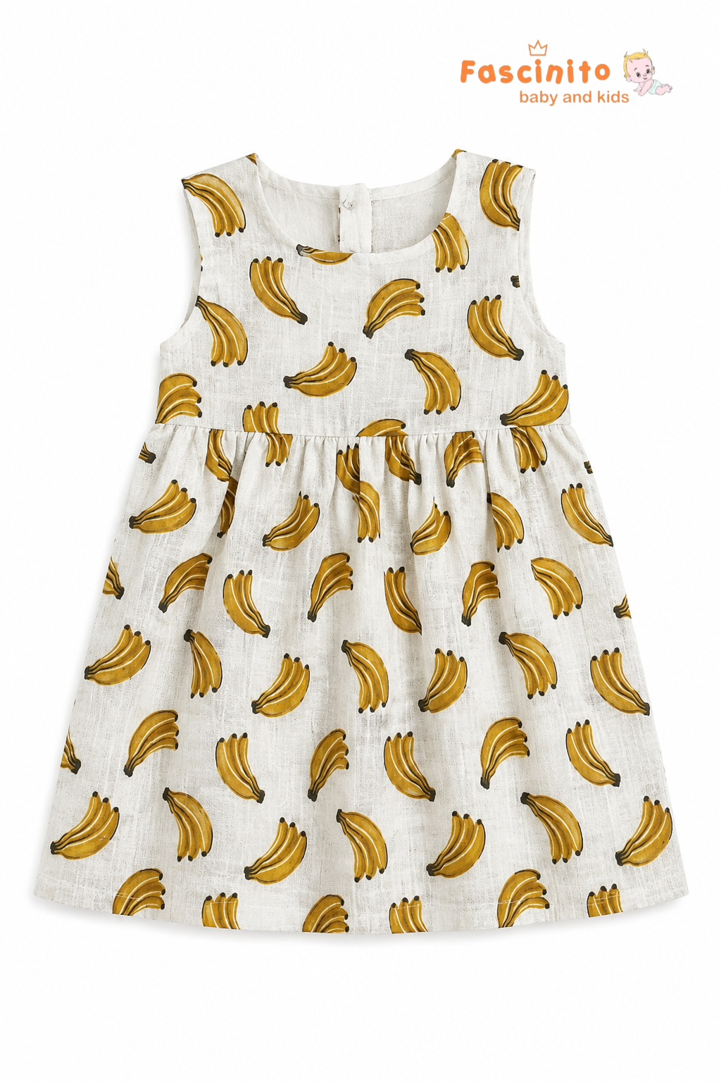 Girls Banana Print Frock – White Sleeveless Cotton Dress