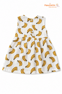 Girls Banana Print Frock – White Sleeveless Cotton Dress