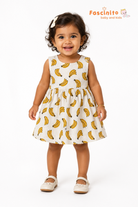 Girls Banana Print Frock – White Sleeveless Cotton Dress