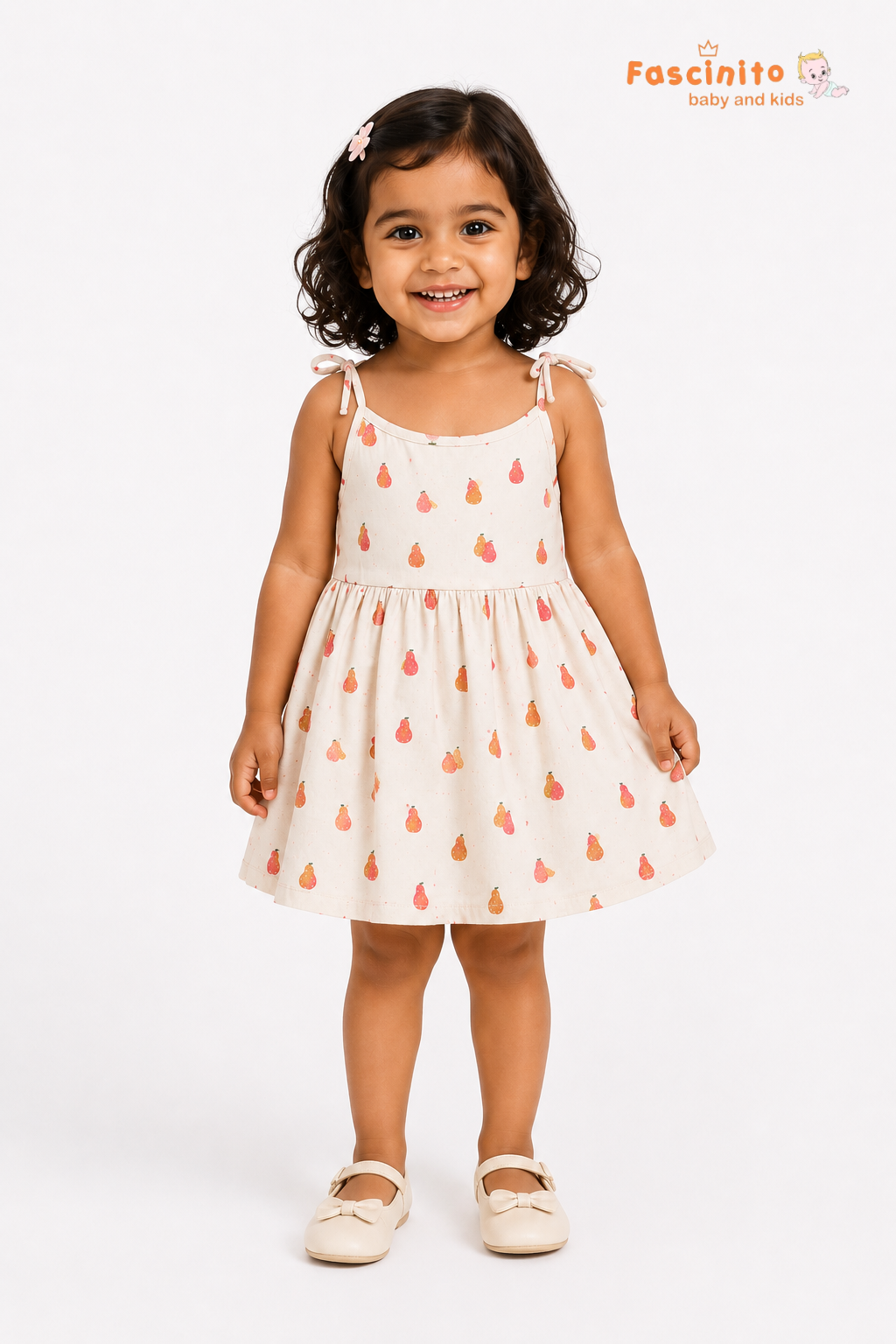 Girls Knotted Frock – Beige Pear Print Sleeveless Dress