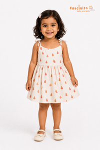 Girls Knotted Frock – Beige Pear Print Sleeveless Dress