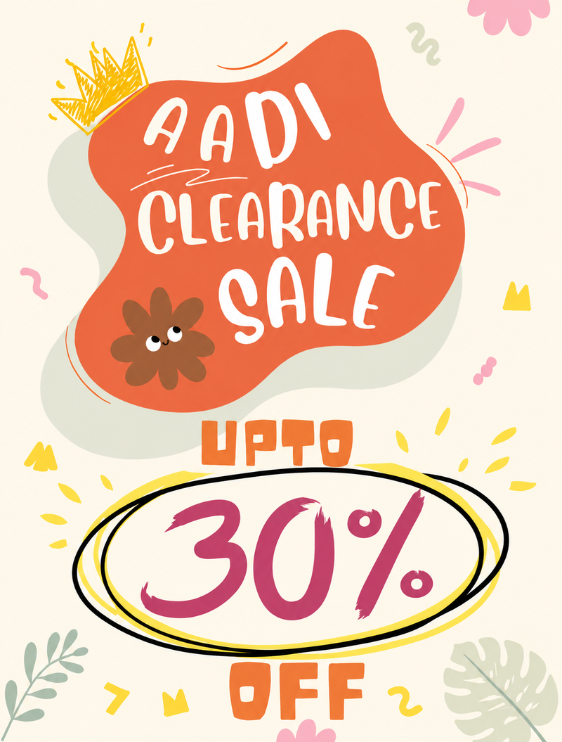 A promotional sale graphic with the text 'AADI CLEARANCE SALE' in white on an orange abstract shape, plus 'UP TO 30% OFF' below. The design uses playful doodle-style fonts, pastel accents, and decorative elements on a light cream background.