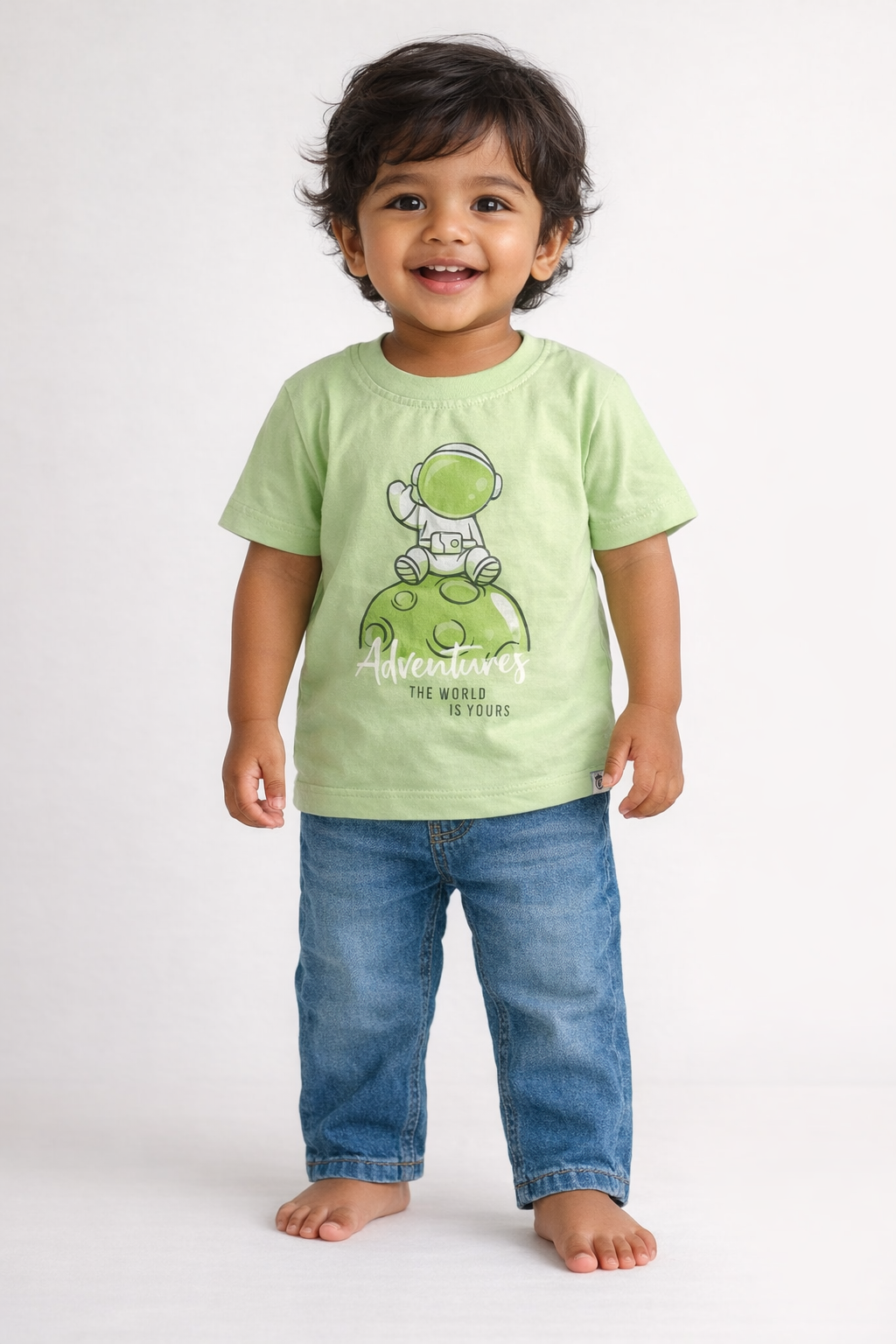 Boys Light Green Astronaut Graphic Cotton T-Shirt