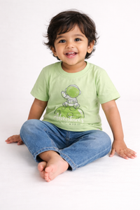 Boys Light Green Astronaut Graphic Cotton T-Shirt