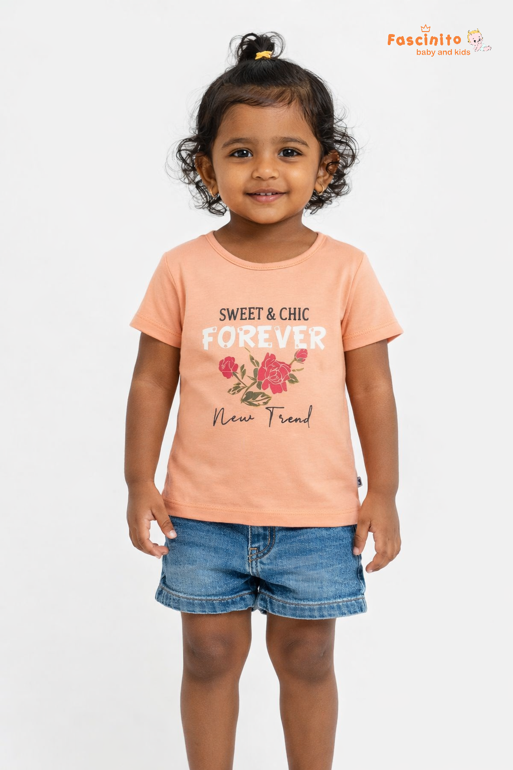 Girls Cotton T-Shirt – Light Orange Floral Print Casual Tee
