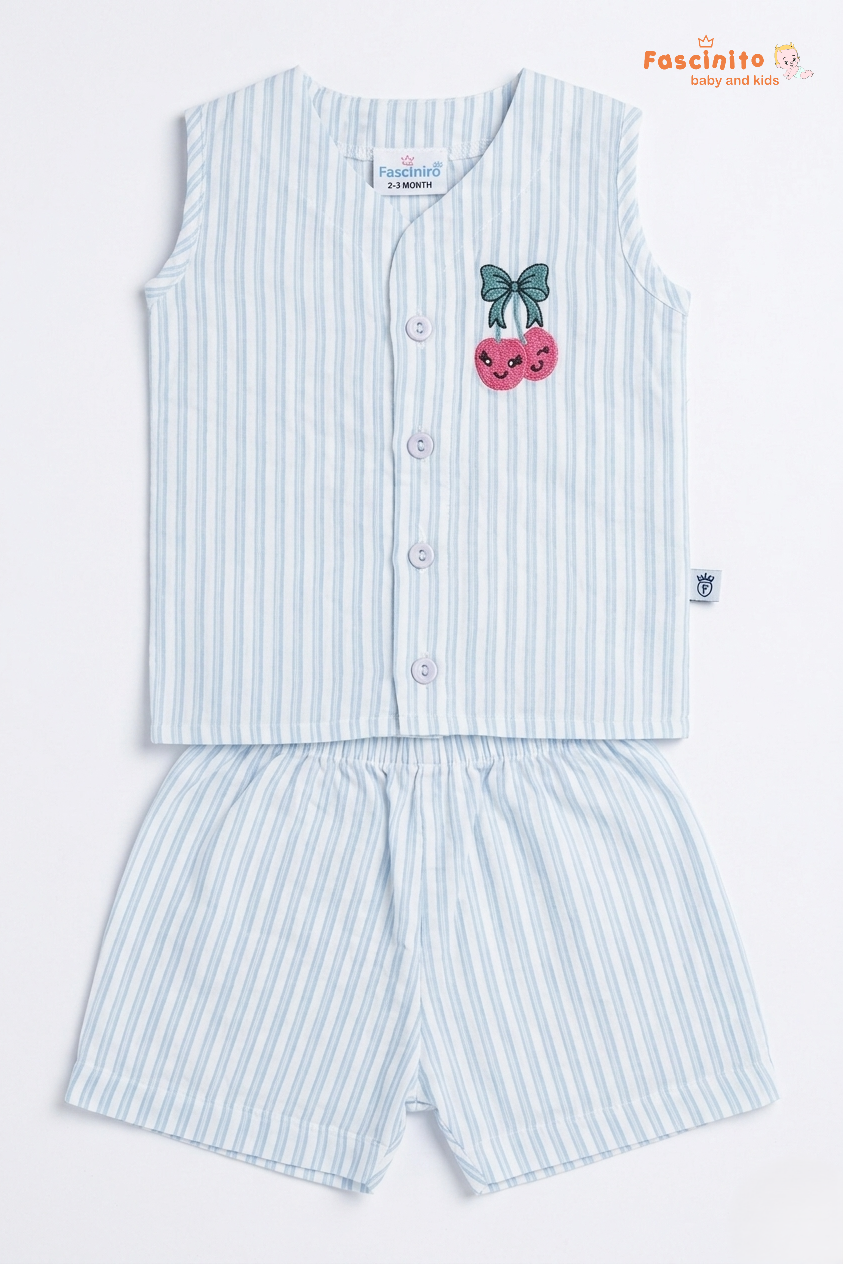 Baby Jhabla Set – Blue Striped Sleeveless Top & Shorts