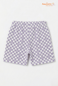 Girls Checkered Shorts – White & Purple Heart Print Shorts