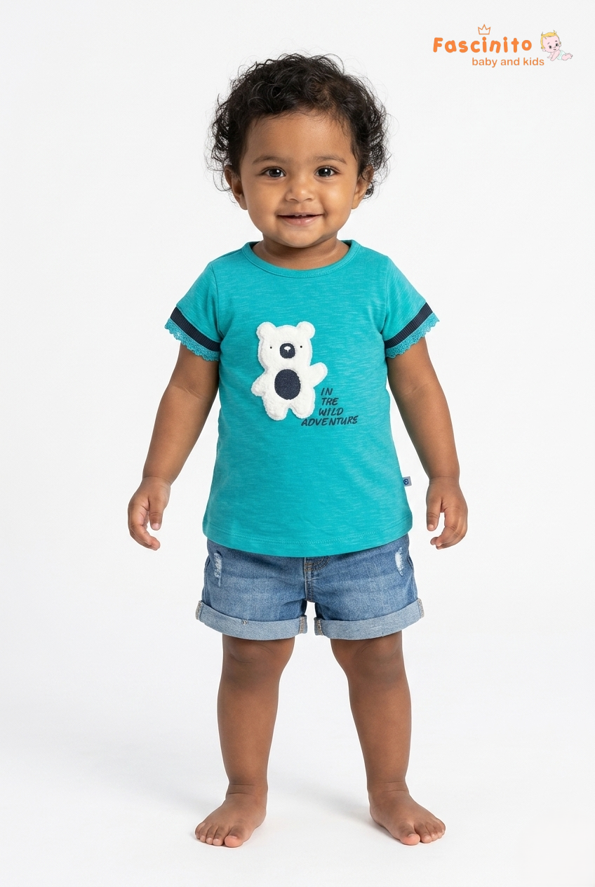 Girls Teddy Bear T-Shirt – Turquoise Adventure Print Top