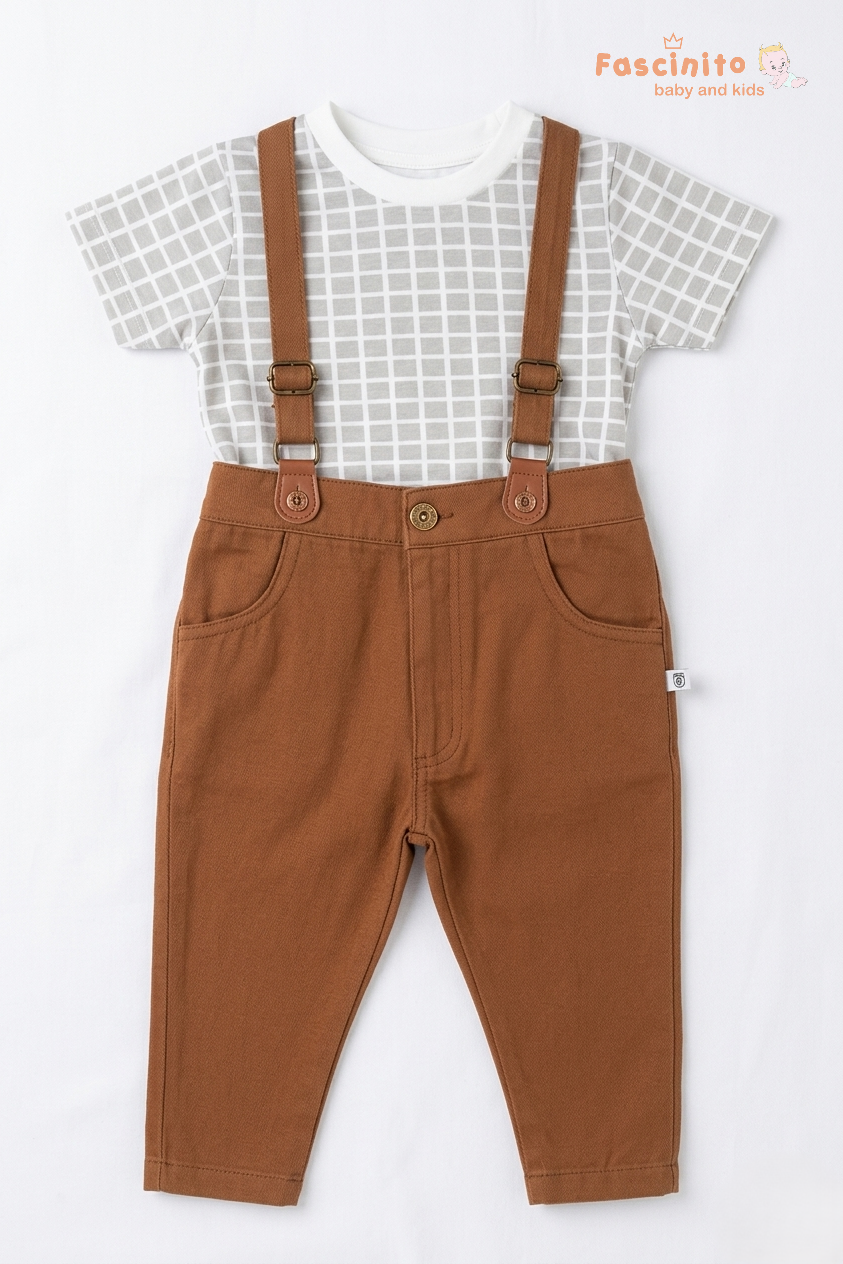 Boys Suspender Set – Grey Check T-Shirt with Brown Pants Outfit