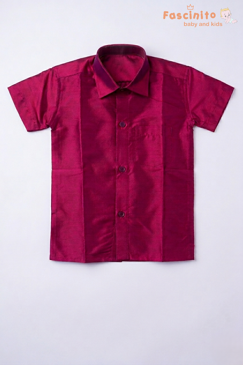 Boys Dhoti Set – Maroon Silk Look Ethnic Wear with Zari Border