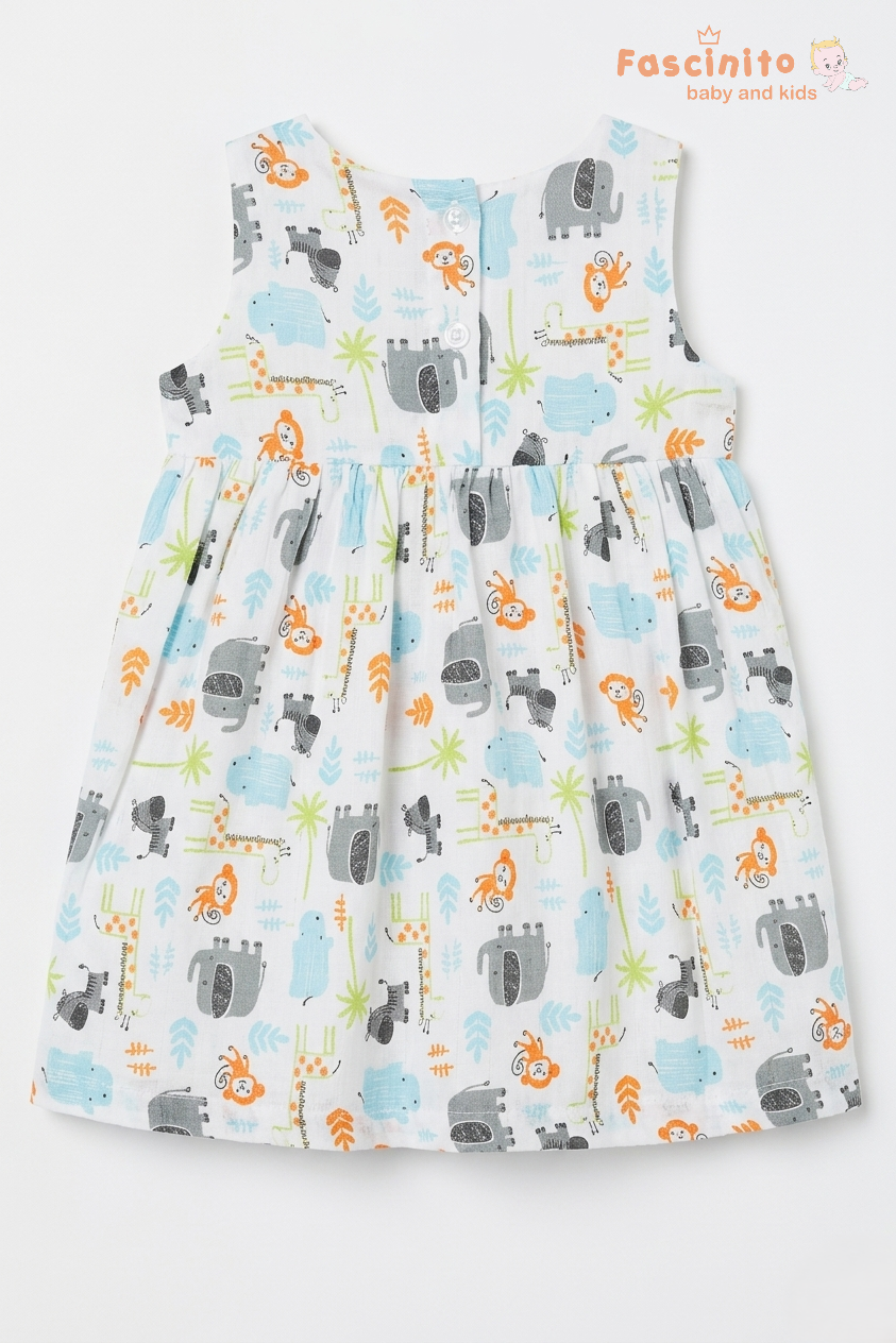 Girls Safari Animal Print Cotton Frock – White Sleeveless Dress