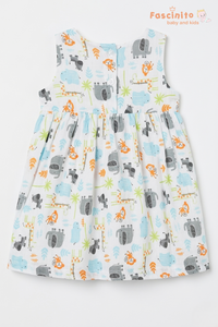 Girls Safari Animal Print Cotton Frock – White Sleeveless Dress