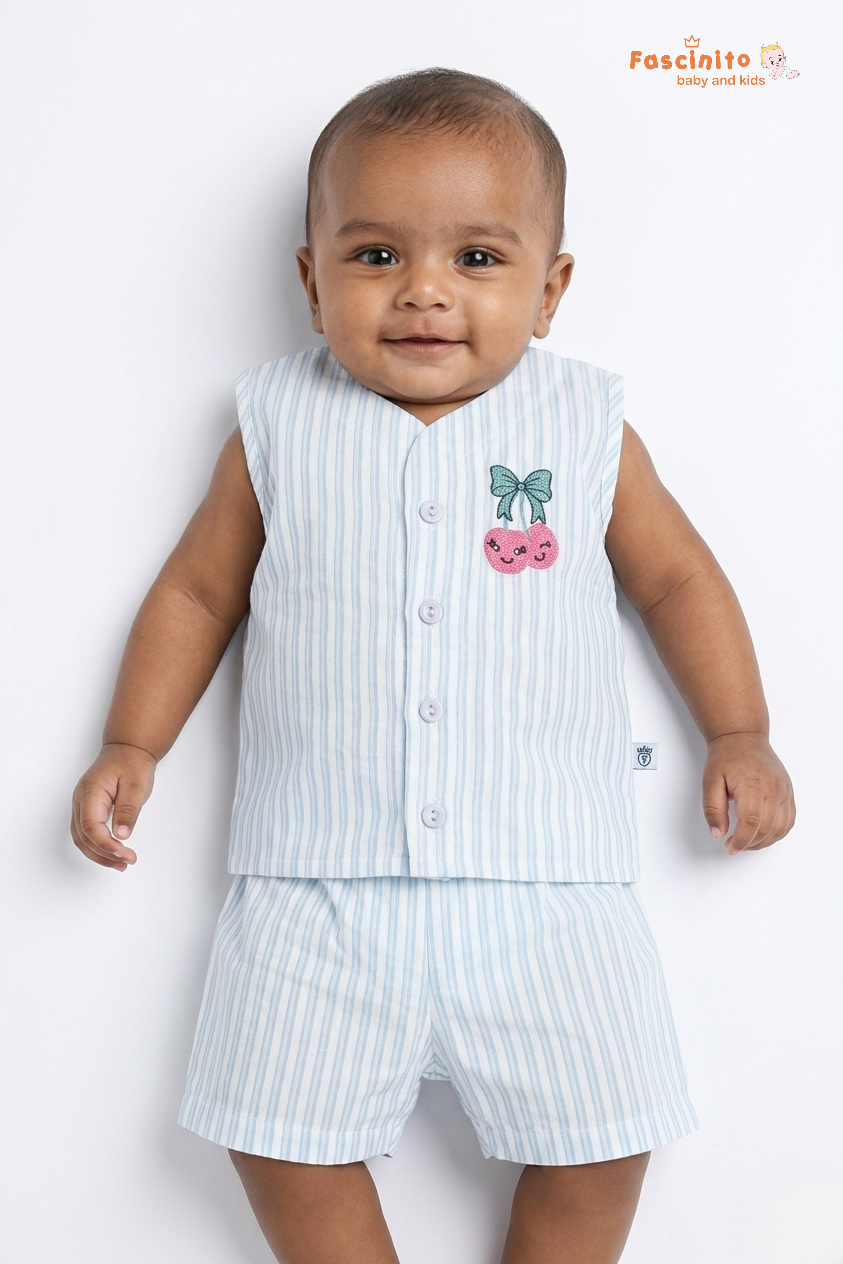 Baby Jhabla Set – Blue Striped Sleeveless Top & Shorts