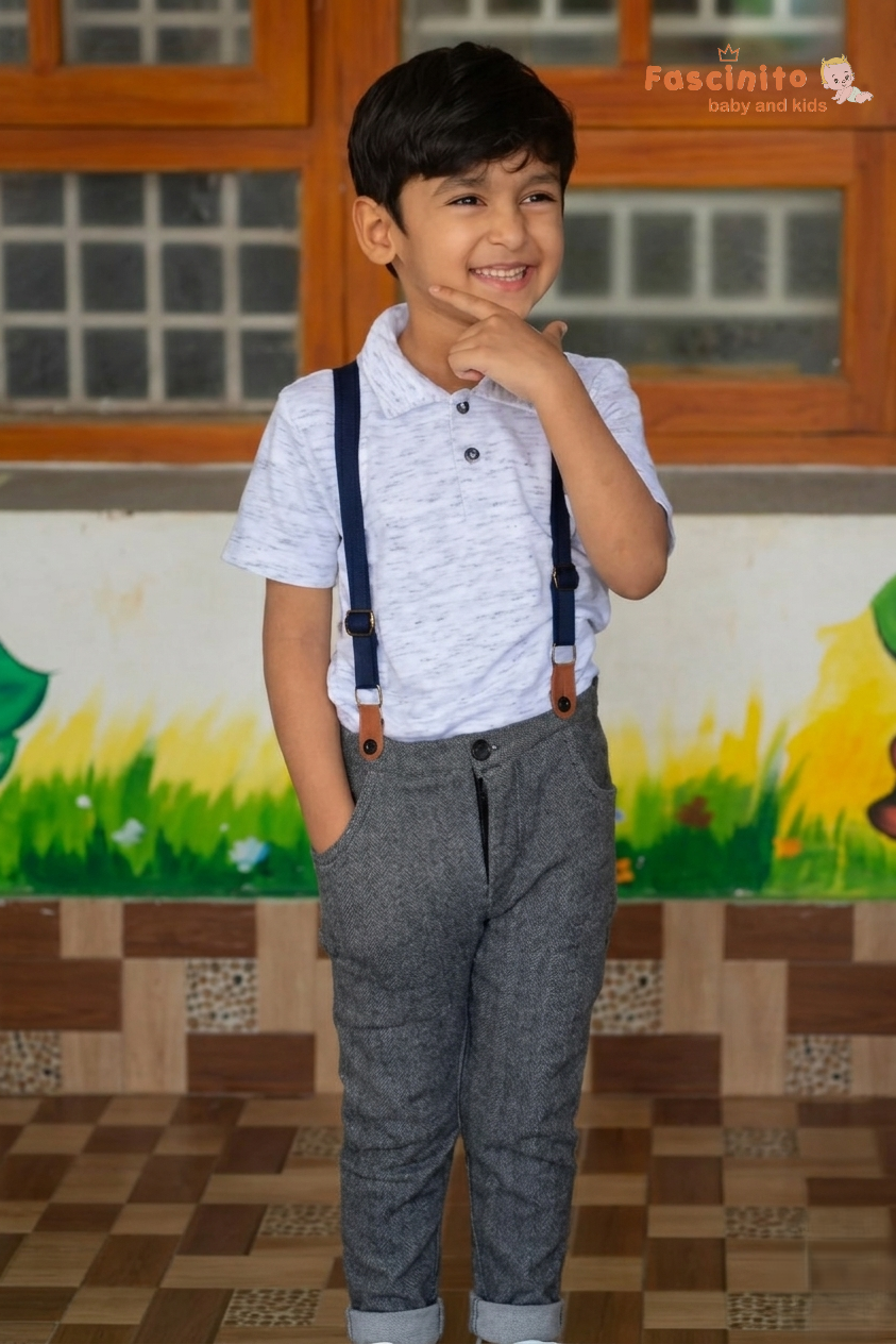 Boys Suspender Set – Grey Herringbone Pants with White Polo Shirt