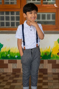 Boys Suspender Set – Grey Herringbone Pants with White Polo Shirt