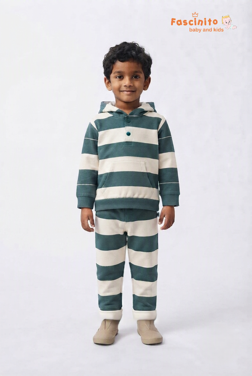 Hooded Co-Ord Set – Green & Off White Striped Hoodie and Pants Set