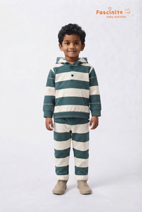 Hooded Co-Ord Set – Green & Off White Striped Hoodie and Pants Set