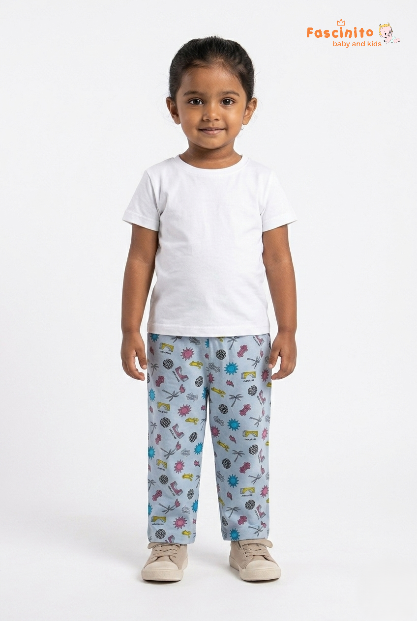 Girls Cotton Pants – Light Blue Printed Casual Bottom