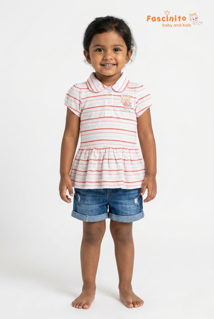Girls Striped Polo Top – White & Pink Teddy Bear Dress Style T-Shirt