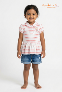 Girls Striped Polo Top – White & Pink Teddy Bear Dress Style T-Shirt