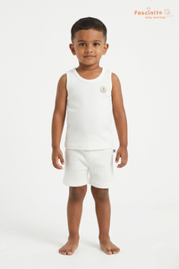 Boys Sleeveless Set – Cotton Vest & Shorts Summer Outfit (White)