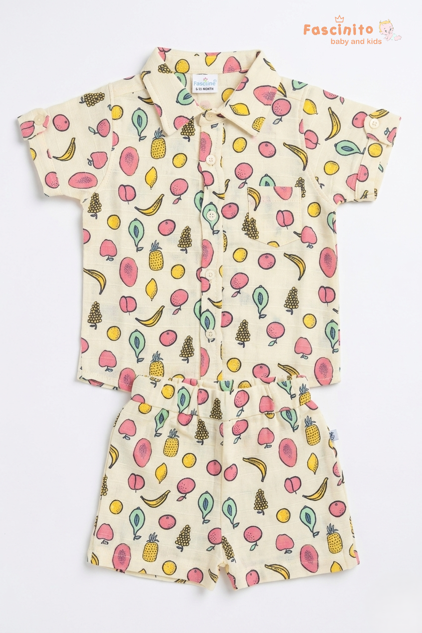 Boys Coord Set – Yellow Fruit Print Shirt & Shorts Set