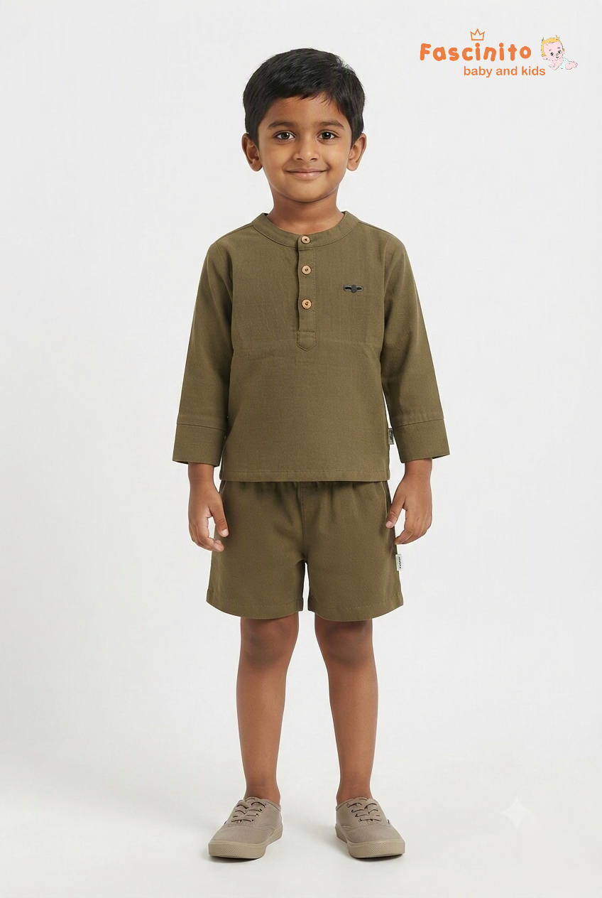 Boys Muslin Co-Ord Set – Olive Mandarin Collar Shirt & Shorts Set
