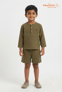 Boys Muslin Co-Ord Set – Olive Mandarin Collar Shirt & Shorts Set