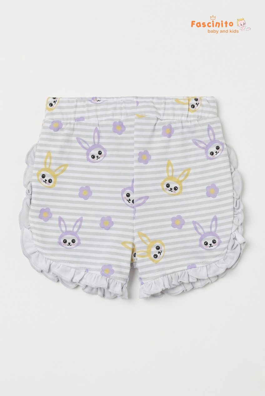Girls Bunny Print Shorts – Grey Striped Ruffle Shorts