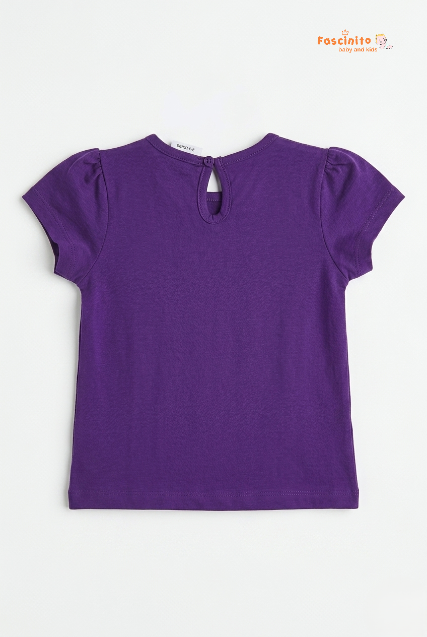 Girls Cotton T-Shirt – Purple Puff Sleeve Bow Detail Tee