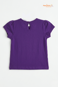 Girls Cotton T-Shirt – Purple Puff Sleeve Bow Detail Tee
