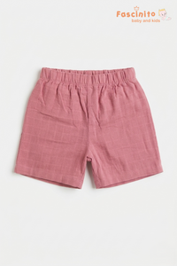 Boys Coord Set – Pink Mandarin Collar Shirt with Muslin Shorts