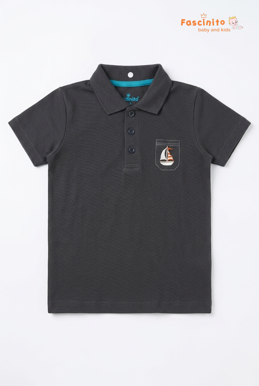 Boys Polo T-Shirt – Grey Sailboat Embroidered Cotton Tee