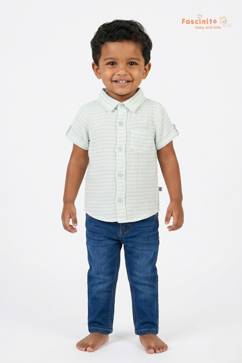 Boys Cotton Striped Shirt – Green Casual Kids Shirt