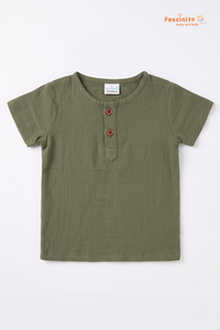 Boys Cotton T-Shirt – Sage Green Button Detail Casual Tee