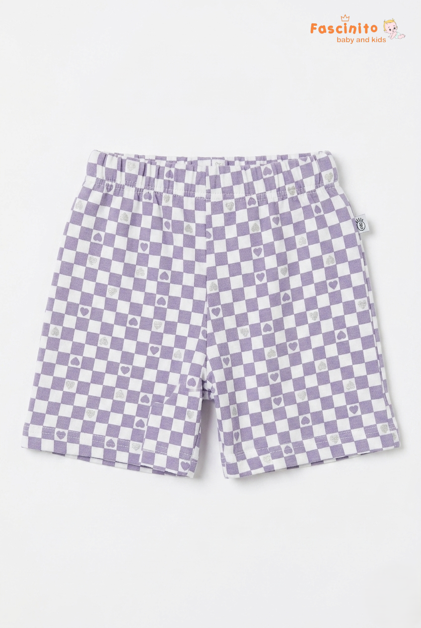 Girls Checkered Shorts – White & Purple Heart Print Shorts
