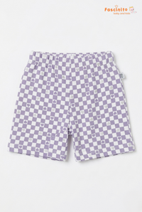 Girls Checkered Shorts – White & Purple Heart Print Shorts