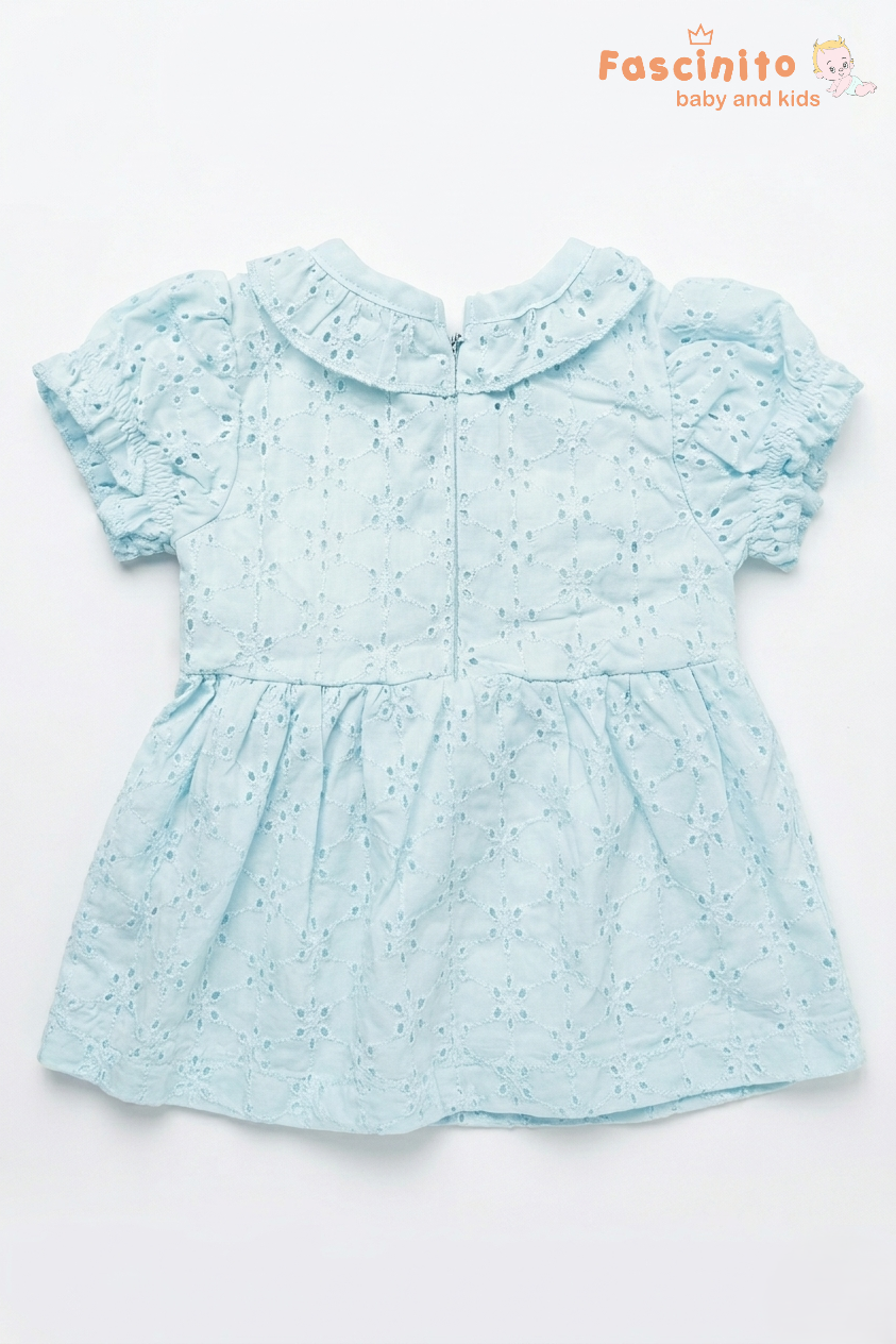 Girls Cotton Schiffli Embroidery Frock – Light Blue Party Wear Dress