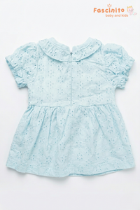 Girls Cotton Schiffli Embroidery Frock – Light Blue Party Wear Dress