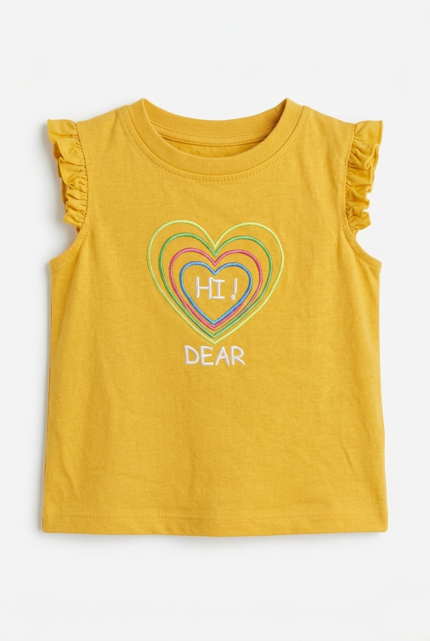 Girls Mustard Hi Dear Embroidered Heart Cotton T-Shirt