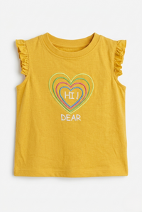 Girls Mustard Hi Dear Embroidered Heart Cotton T-Shirt