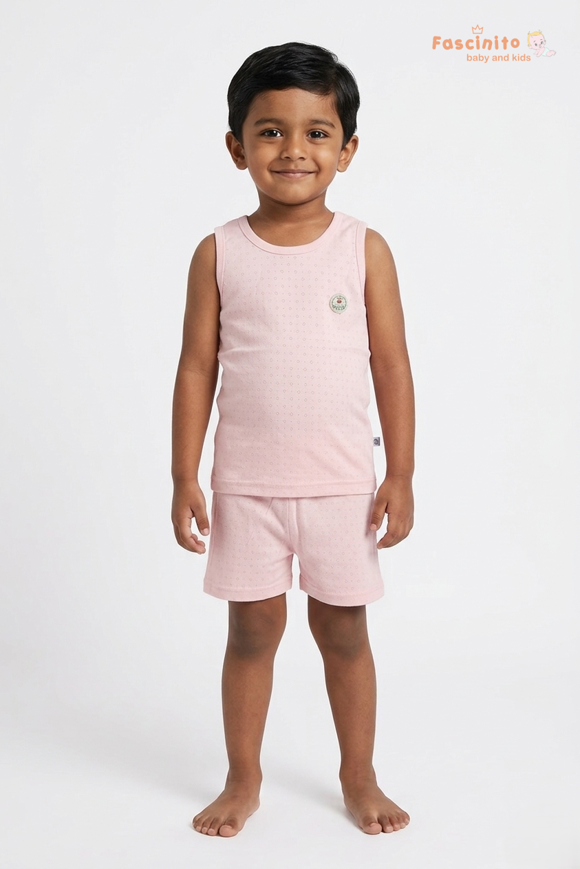 Boys Sleeveless Set – Cotton Vest & Shorts Summer Outfit (Light Pink)