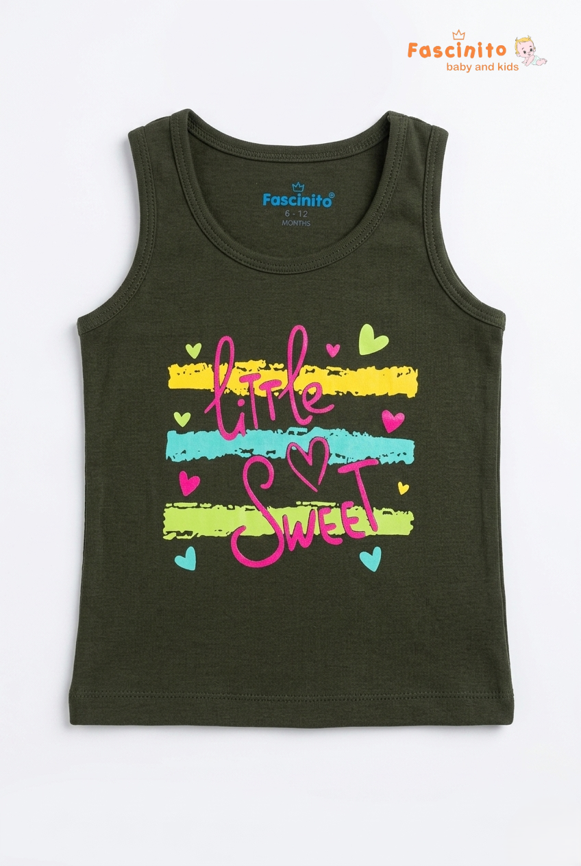 Girls Sleeveless Top – Dark Green Little Sweet Graphic Top