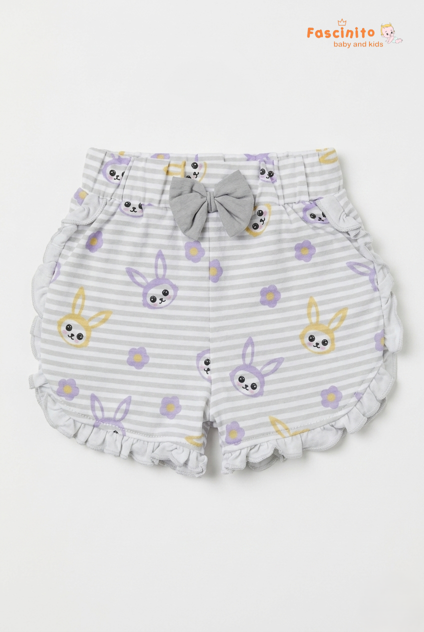Girls Bunny Print Shorts – Grey Striped Ruffle Shorts